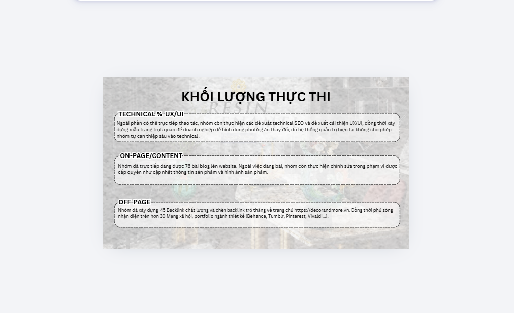 Khối lượng thực thi Technical, On-page và Off-page