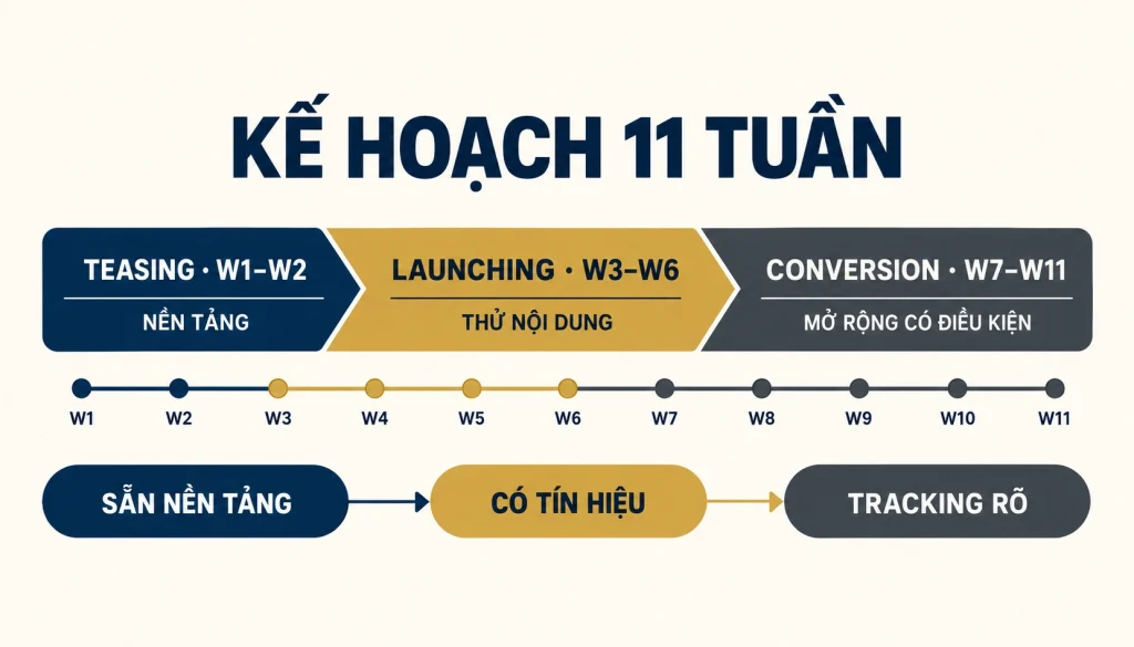 Timeline 11 tuần của MyChapter gồm Teasing, Launching và Conversion Retention