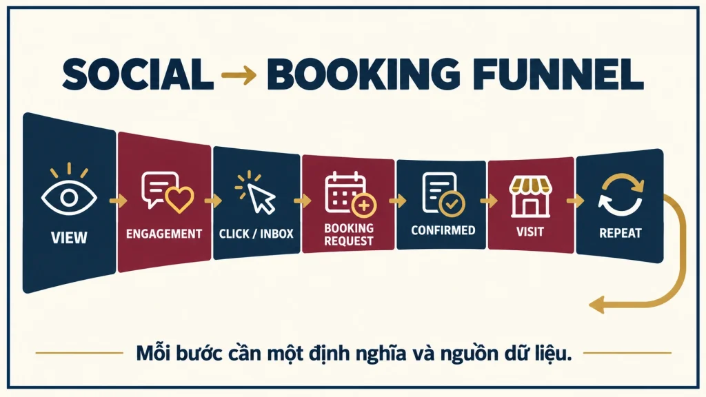 Funnel từ lượt xem nội dung đến booking, khách đến quán và quay lại tại De Siol