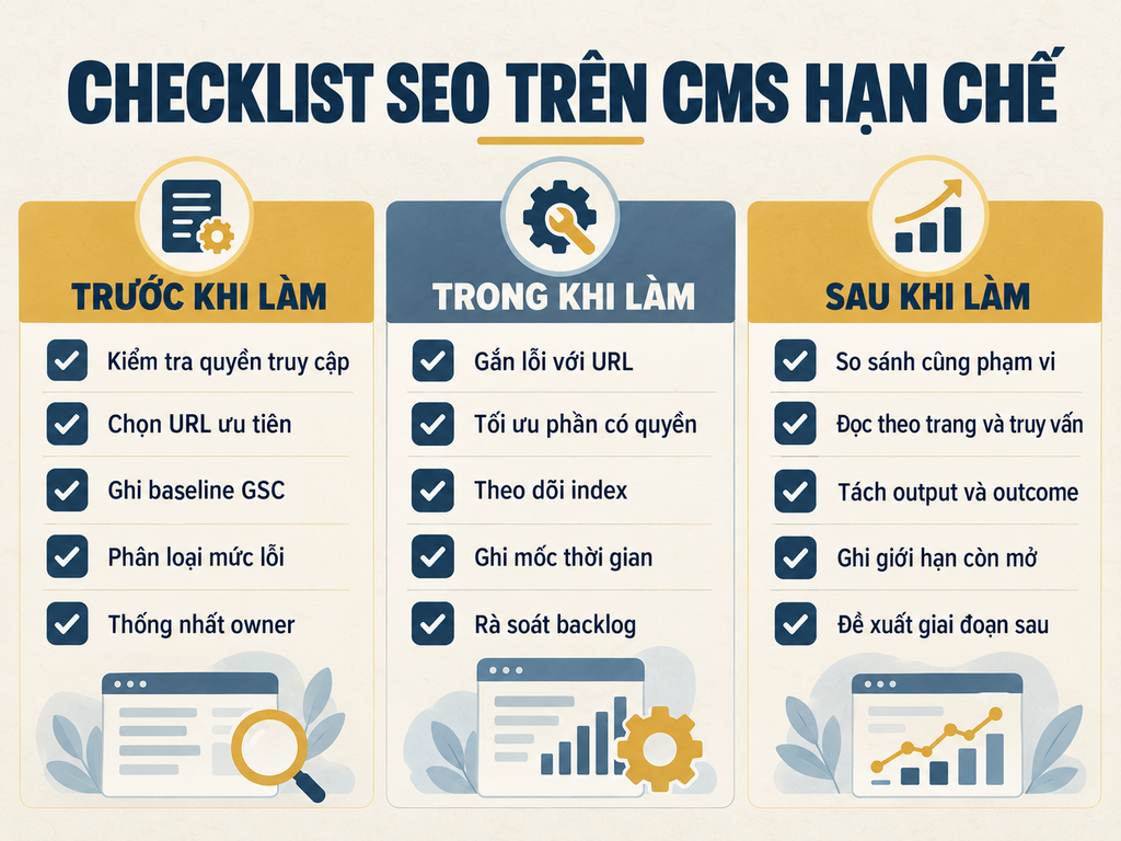 Checklist triển khai SEO trên CMS hạn chế theo ba giai đoạn