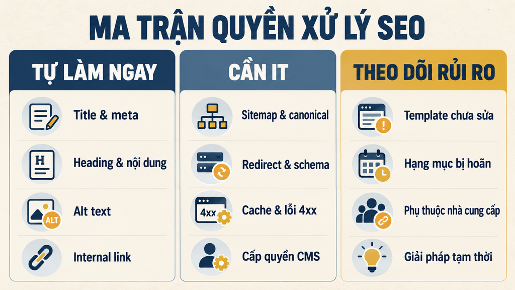 Ma trận phân loại công việc SEO theo quyền xử lý của marketer và IT
