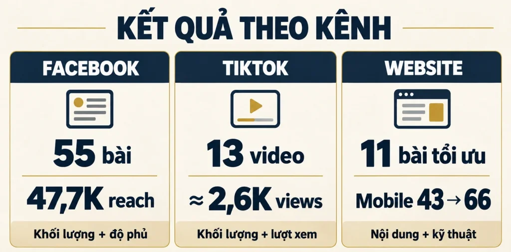 Bảng kết quả Facebook, TikTok và website của dự án MyChapter theo từng loại chỉ số